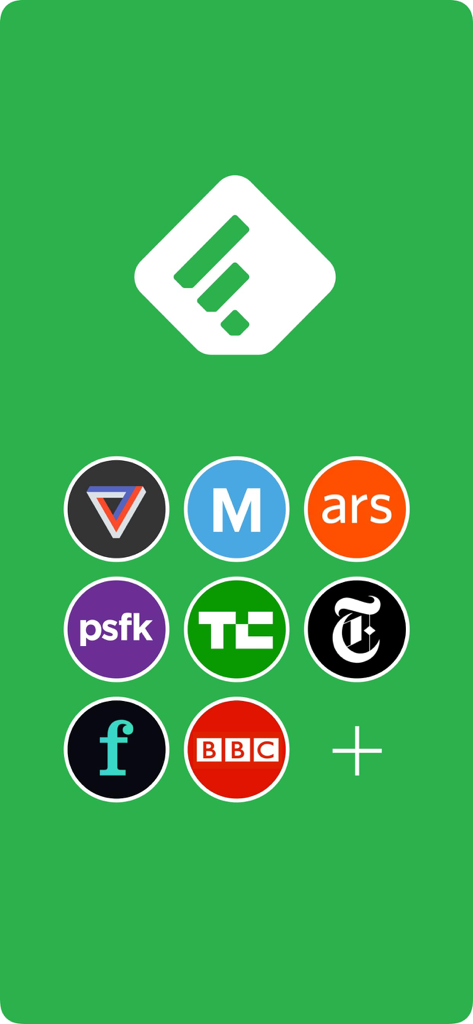 Feedly - Smart News Reader - Interfaz de la aplicación Feedly mostrando el logo y varios iconos de fuentes de noticias como TechCrunch y BBC sobre un fondo verde.