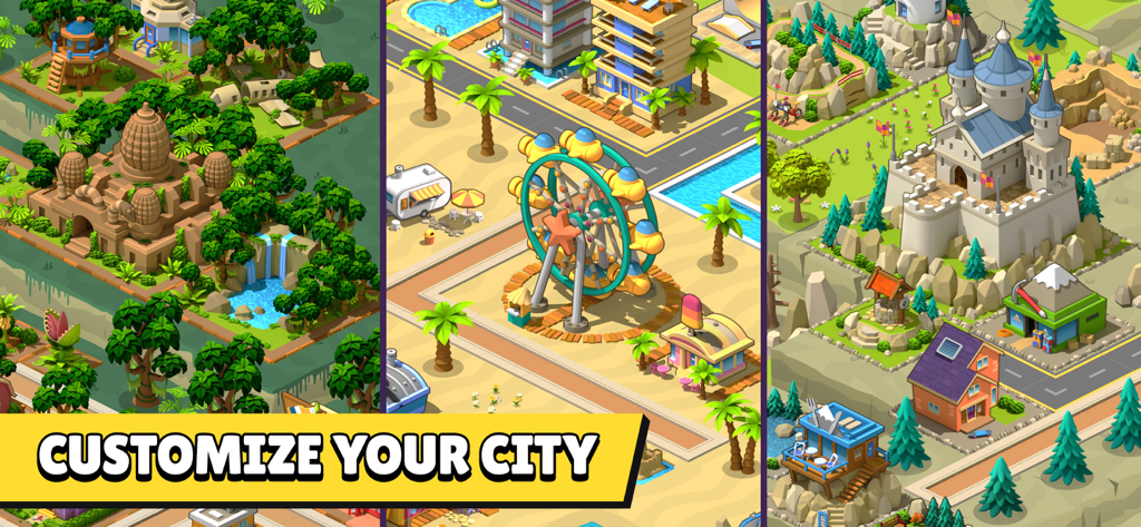 Un collage que muestra diferentes temas de ciudad como un templo en la jungla, una playa con una noria y un castillo en la montaña con el texto 'personaliza tu ciudad'