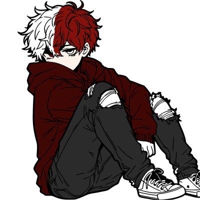a male hoddie ripped jeans messy hair anime