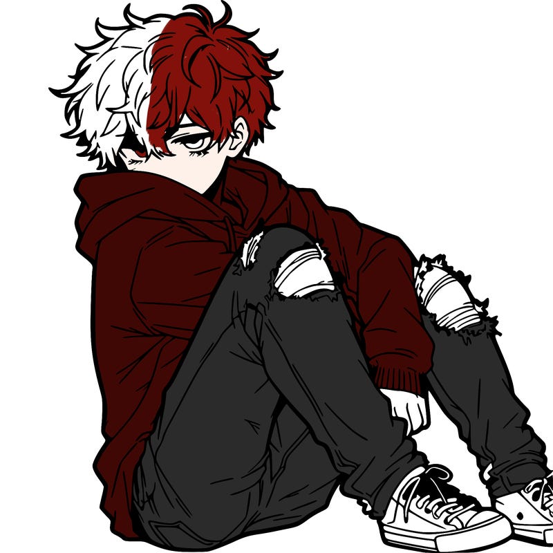 a male hoddie ripped jeans messy hair anime