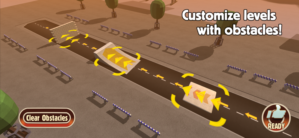 道路にランプやレンガの壁を配置しているTurbo Dismountのレベルカスタマイズ画面