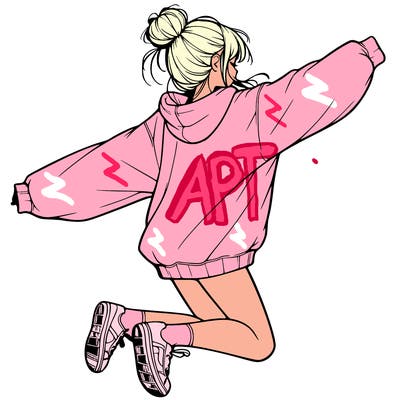 realistic girl jumping with a bun and oversized sweatshirt