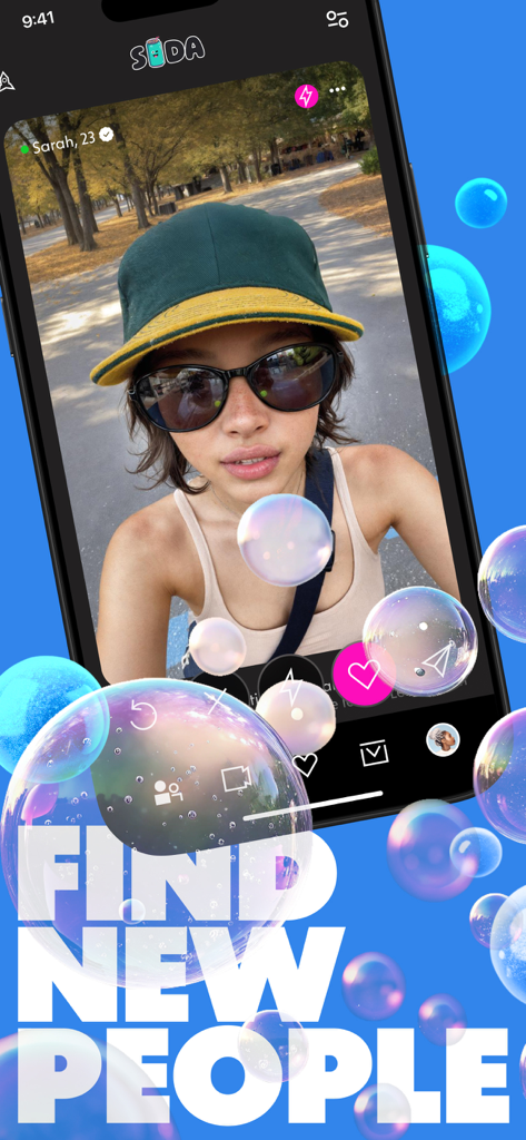 Soda: Make New Friends - A user profile interface on the Soda app with a young woman wearing a hat and the text Find New People