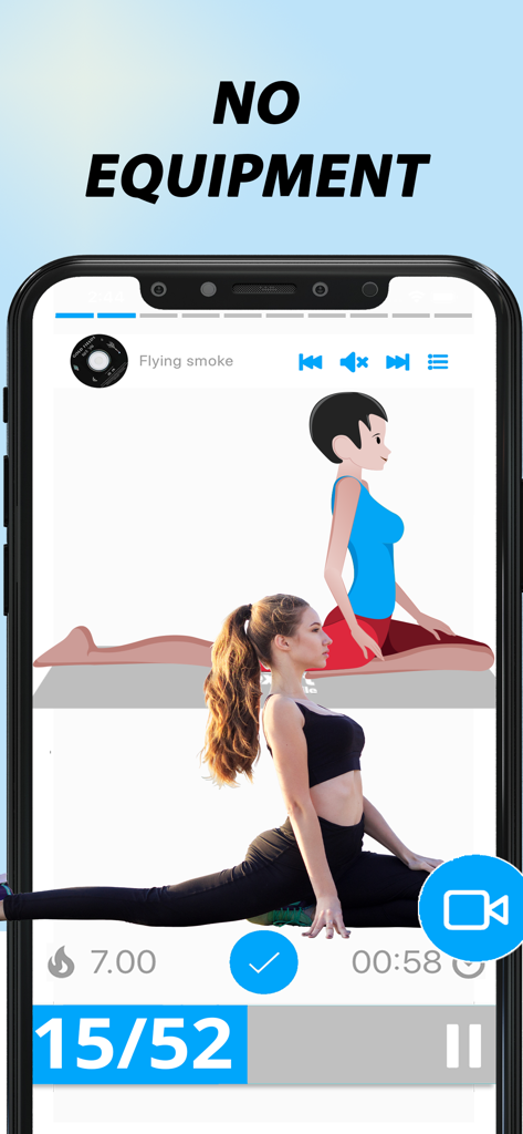 Interfaz de la aplicación de entrenamiento de splits en casa que muestra ejercicios de estiramiento y un rastreador de progreso.