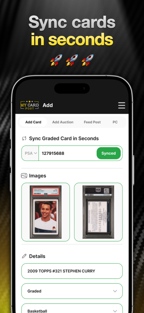 Screenshot dell'app My Card Post che mostra la funzione di sincronizzazione automatica PSA per una carta certificata di Stephen Curry