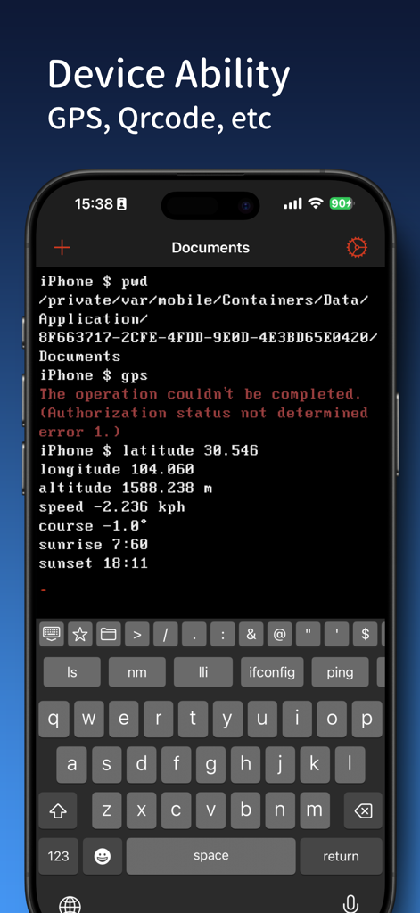 OpenTerm command line interface showing GPS location data on iPhone
