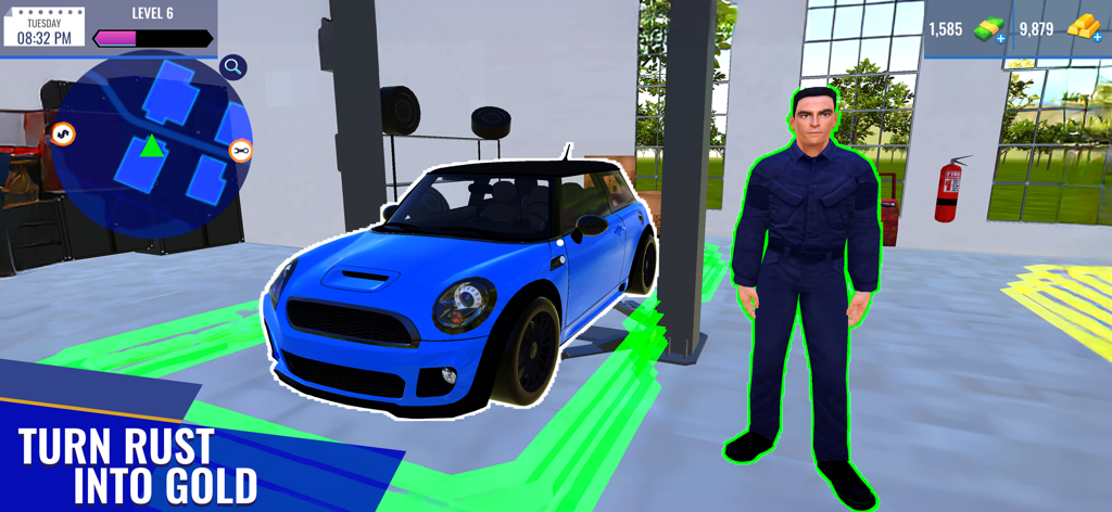 Car Sales Simulator 25 - Un coche azul y un personaje mecánico en un garaje en Car Sales Simulator 25