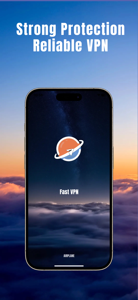 VPN-Fast VPN Proxy ВПН 1 - Schermata principale dell'app Fast VPN Proxy che mostra testo di protezione forte e VPN affidabile su un iPhone con sfondo di nuvole al tramonto