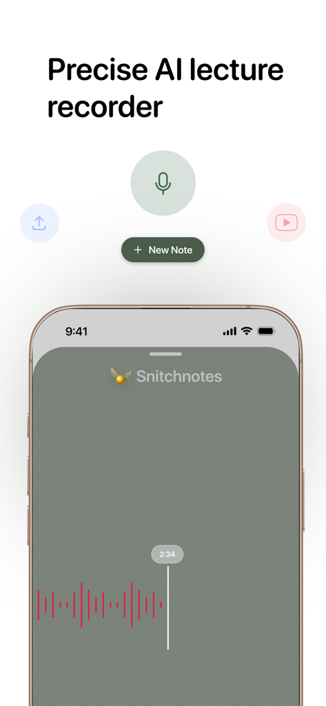 Snitchnotes: AI Study Notes - Interface of the Snitchnotes app showing a lecture being recorded with AI technology.