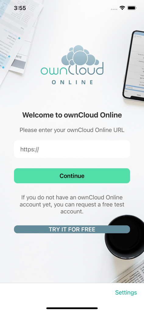 Pantalla de bienvenida de la aplicación móvil ownCloud Online con un campo de entrada de URL del servidor y opciones de inicio de sesión
