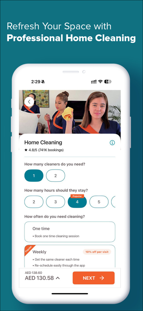 ServiceMarket app interface showing professional home cleaning booking options including number of cleaners and hours