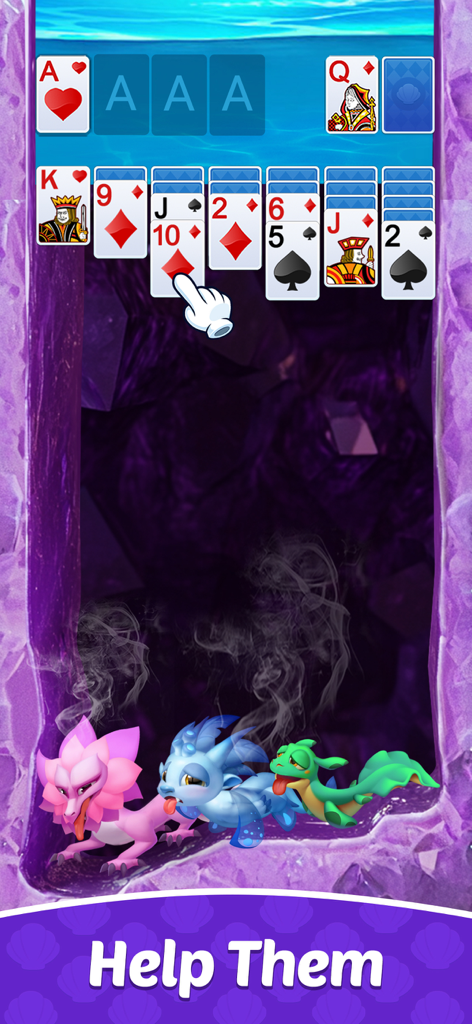 Solitaire Dragons - Solitaire card game gameplay with three baby dragons in a purple cave and Help Them text