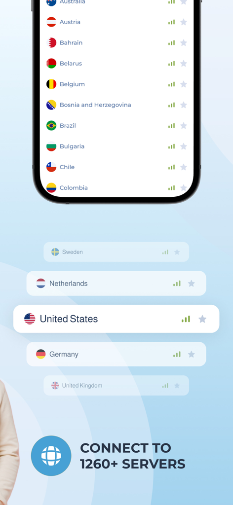 Interface of the Free VPN Planet app showing a list of over 1260 global server locations including the United States, Germany, and United Kingdom.
