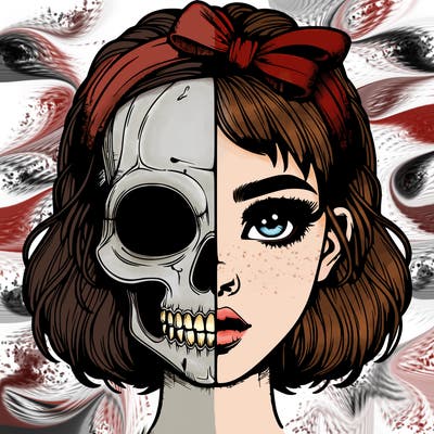 realistic girl with half skull mask