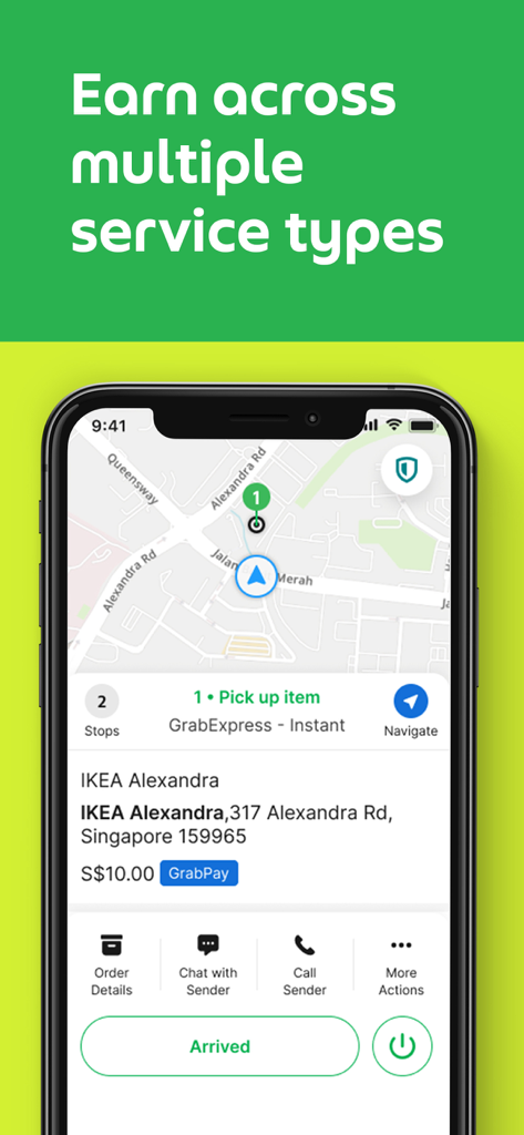 Grab Driver app interface showing a delivery pickup task at IKEA Alexandra in Singapore with the text Earn across multiple service types
