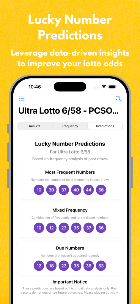PCSO Lotto Results app interface showing lucky number predictions for Ultra Lotto 6/58 based on frequency analysis.