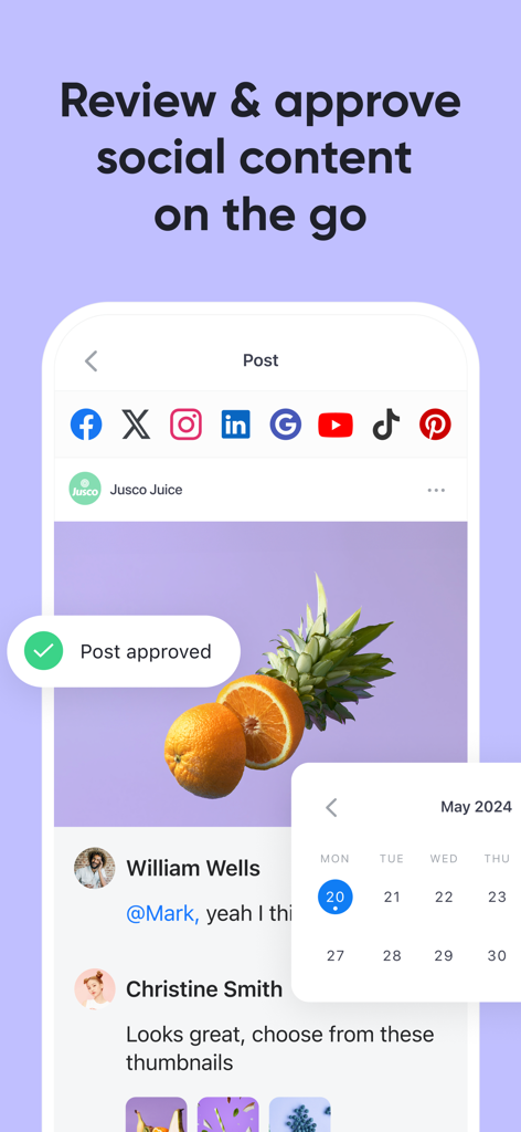 Planable: social media planner - Planableアプリのインターフェースで、チームのフィードバックとともにソーシャルメディアの投稿をレビューおよび承認
