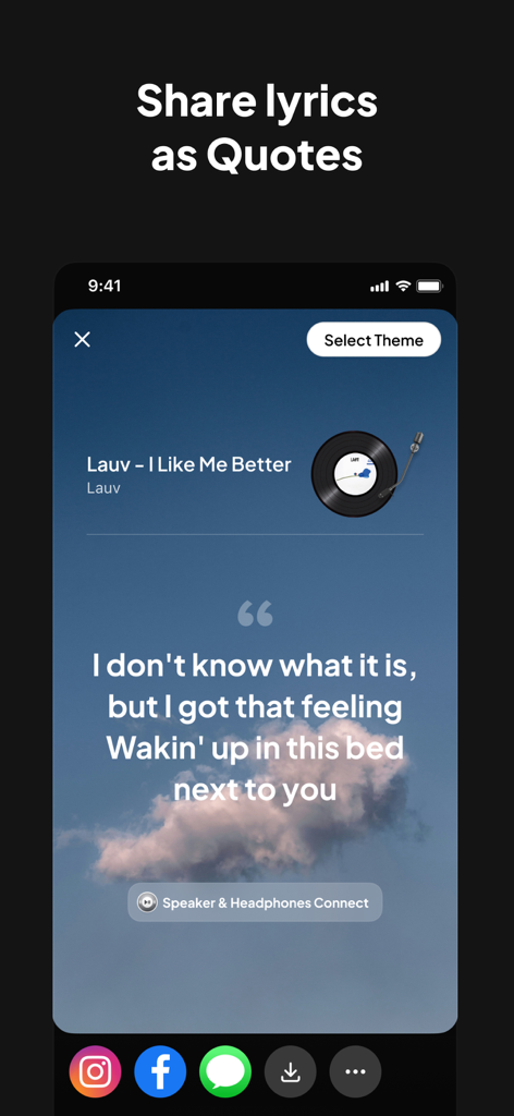 Speaker & Headphones Connect - Captura de pantalla de la aplicación Speaker and Headphones Connect mostrando la función para compartir letras como citas sobre un fondo personalizado.