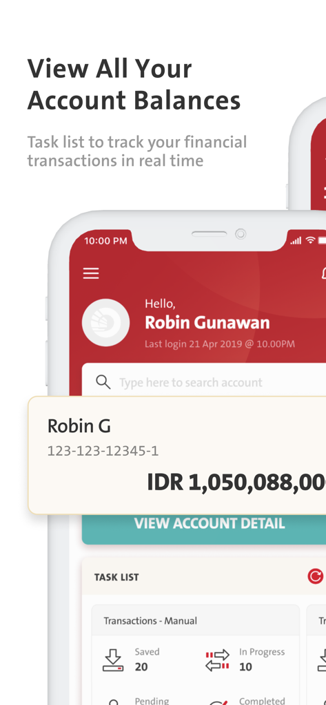 OCBC Business mobile Indonesia - Le tableau de bord de l'application OCBC Business mobile montre un solde de compte en roupie indonésienne et une liste des tâches de transaction.