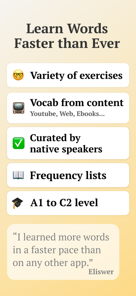 Zusammenfassung der Vocabuo-App-Funktionen wie Häufigkeitslisten und kuratierte Inhalte für die Niveaus A1 bis C2