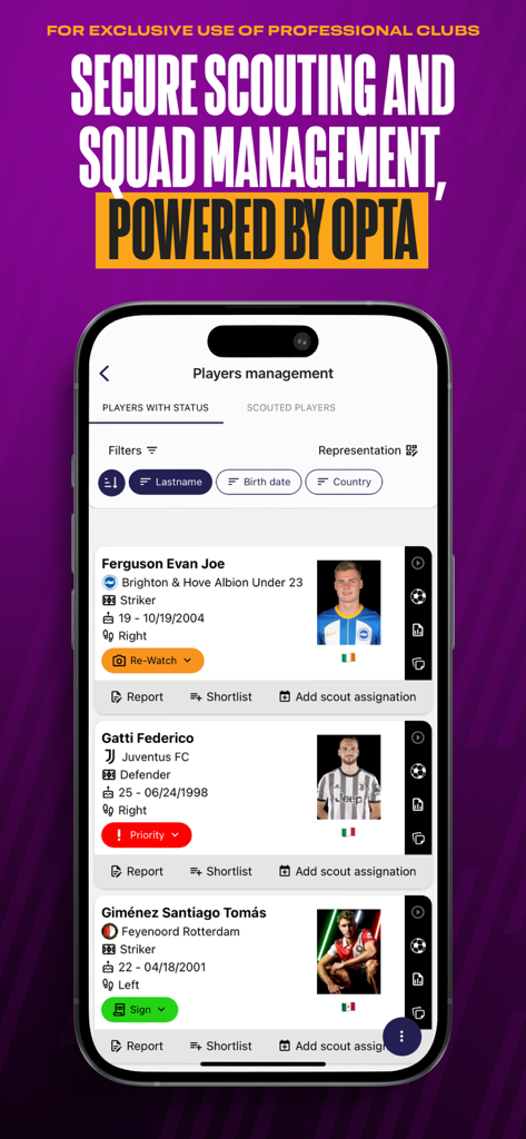Opta Pro Hub - Professional player scouting and squad management interface in the Opta Pro Hub app