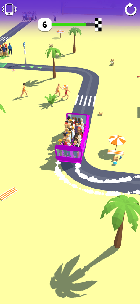 Bus Arrival 3D - A purple bus full of passengers driving on a road in a sunny tropical zone