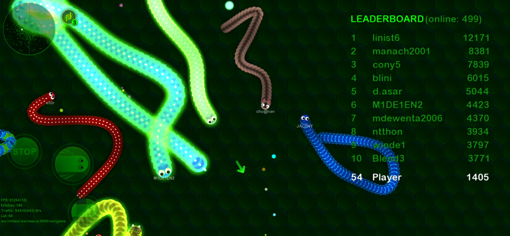 Wormax.io - Wormax.io-Gameplay zeigt bunte Schlangen, die in einer Online-Arena mit einer Bestenliste gegeneinander antreten