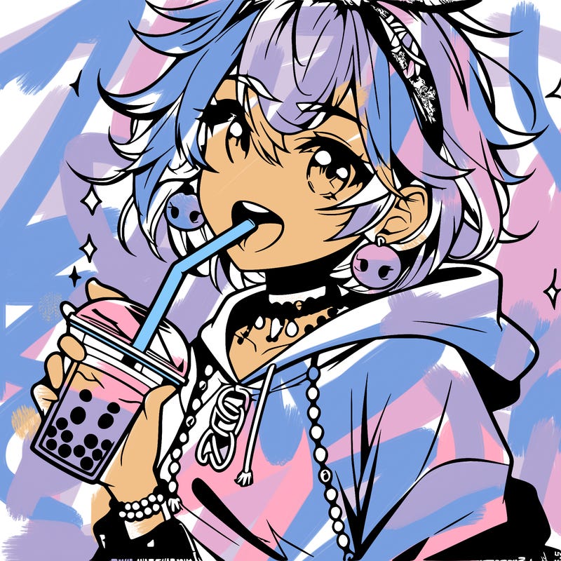 hot baddie anime girl drinking boba and biting the straw