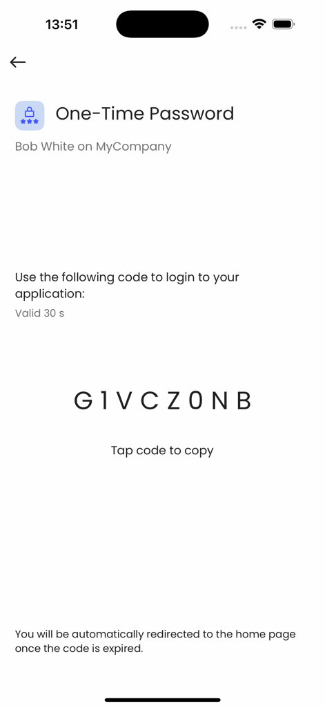 TrustBuilder Authenticator - TrustBuilder Authenticator app showing a 7-character one-time password code for secure enterprise login