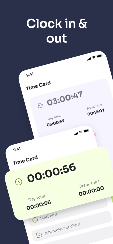 Mobile app interface for tracking work hours with clock in and out timers
