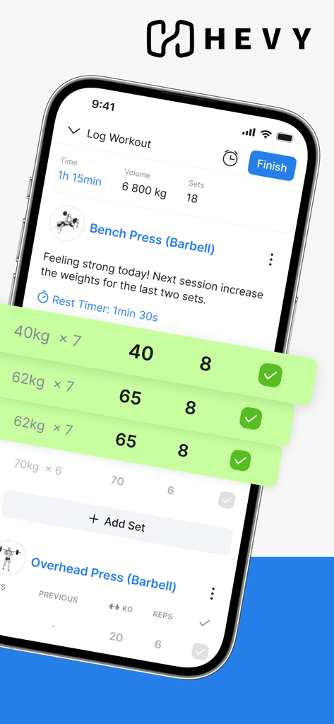 Hevy app interface showing a bench press workout log with sets and reps