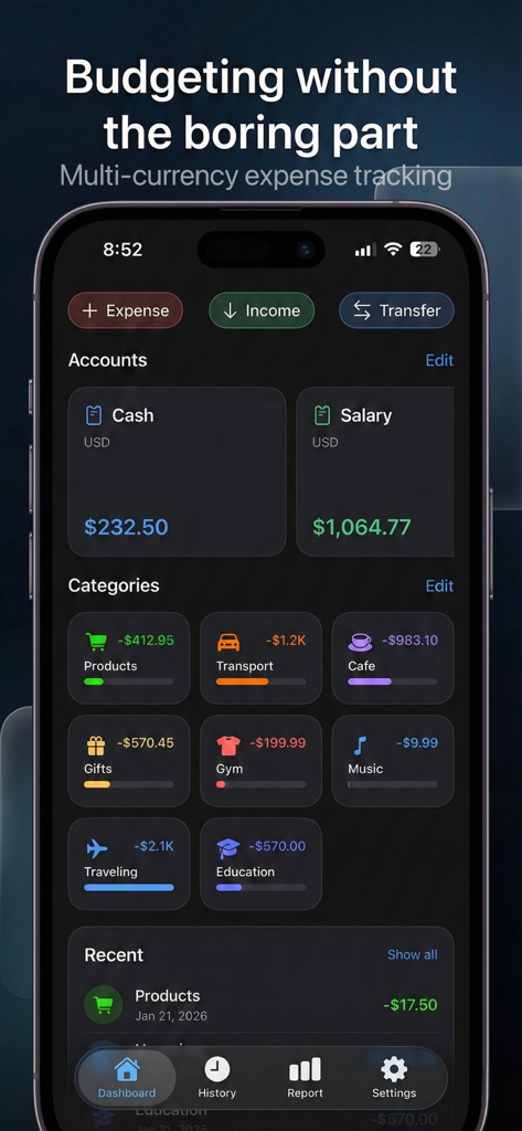 Stash Flow mobile app dashboard showing accounts and expense categories for multi-currency budgeting.
