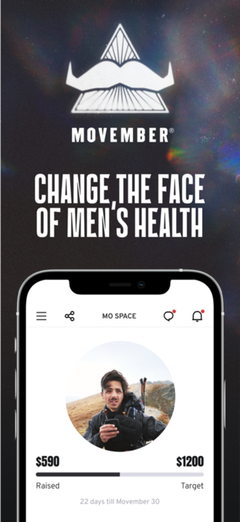 Movember - Dashboard dell'app Movember che mostra la barra di avanzamento della raccolta fondi di un utente e l'obiettivo per la salute maschile