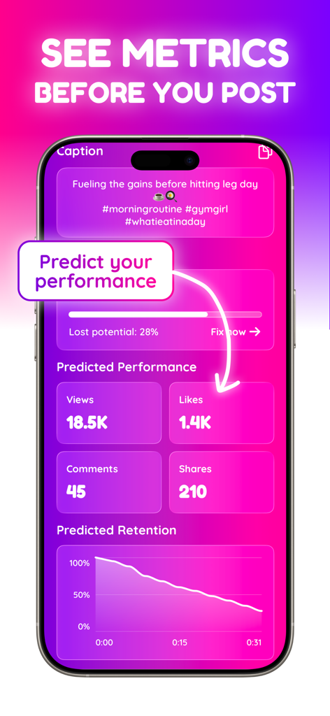 Blow Up - Go viral using AI - Blow Upアプリのインターフェースに、投稿前の視聴回数、いいね、オーディエンス維持率に関するAI予測ソーシャルメディアメトリクスが表示されています