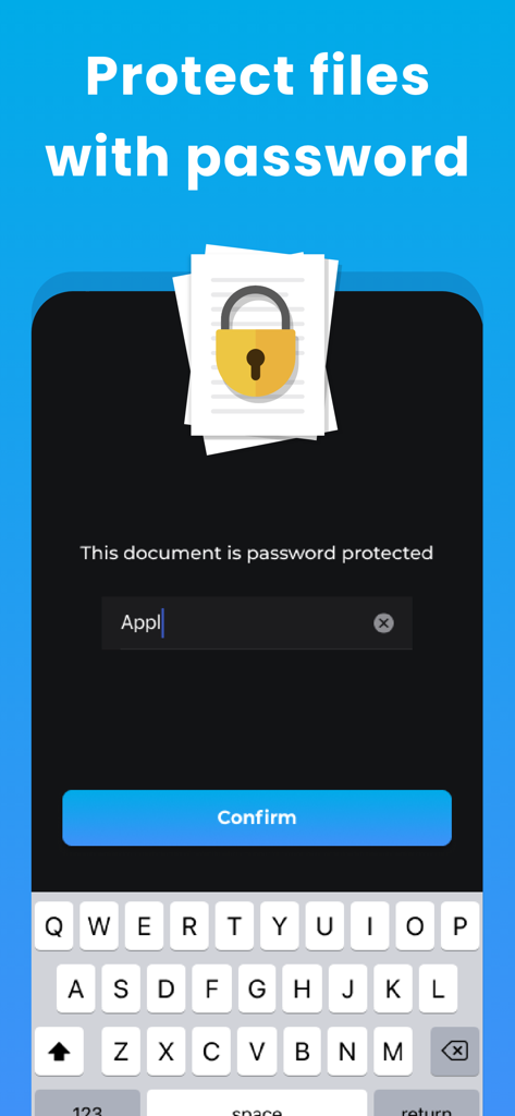 PDF PRO Scan Image & Documents - Mobile app interface for protecting PDF files with a password