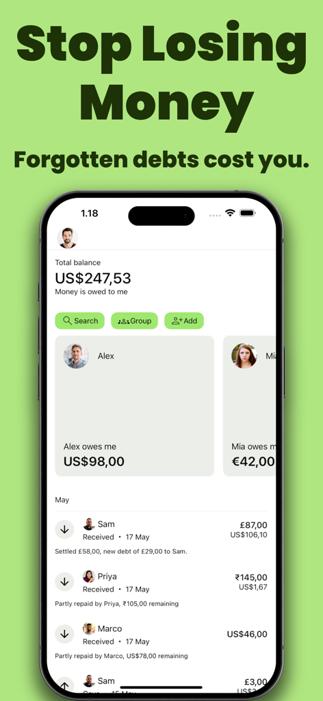 Loan Tracker: You Owe Me - Loan Tracker app dashboard showing total balance owed and individual debt summaries from friends