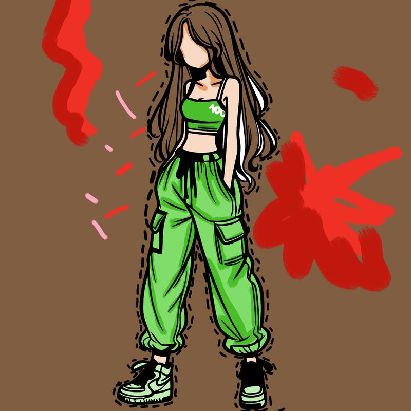 girl in baggy pants crop top and long hair