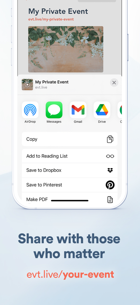 EventLive－Live Stream Event - EventLive-App-Oberfläche, die Freigabeoptionen für einen privaten Live-Stream-Link einer Veranstaltung anzeigt