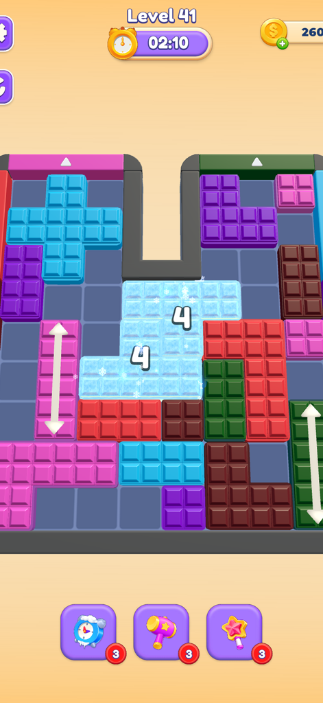 Block Out Master: Color Jam 3D - Level 41 gameplay of Block Out Master showing colorful 3D puzzle blocks and frozen tiles on a grid