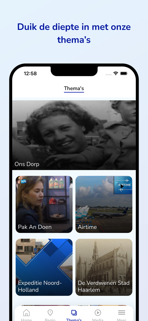 NH Nieuws - NH Nieuws mobile app interface showing various regional news themes and historical categories