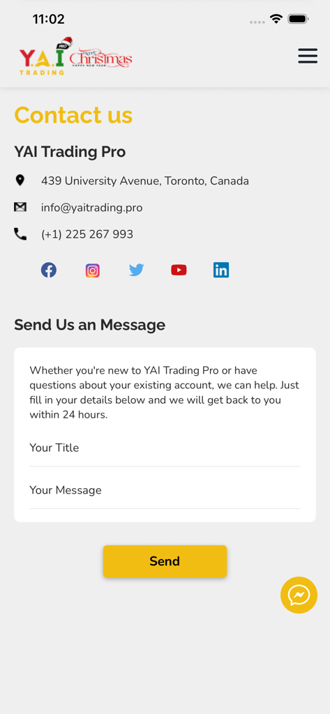 Página de contacto de la aplicación YAI Trading Pro con un formulario de mensaje de soporte y detalles de contacto oficiales