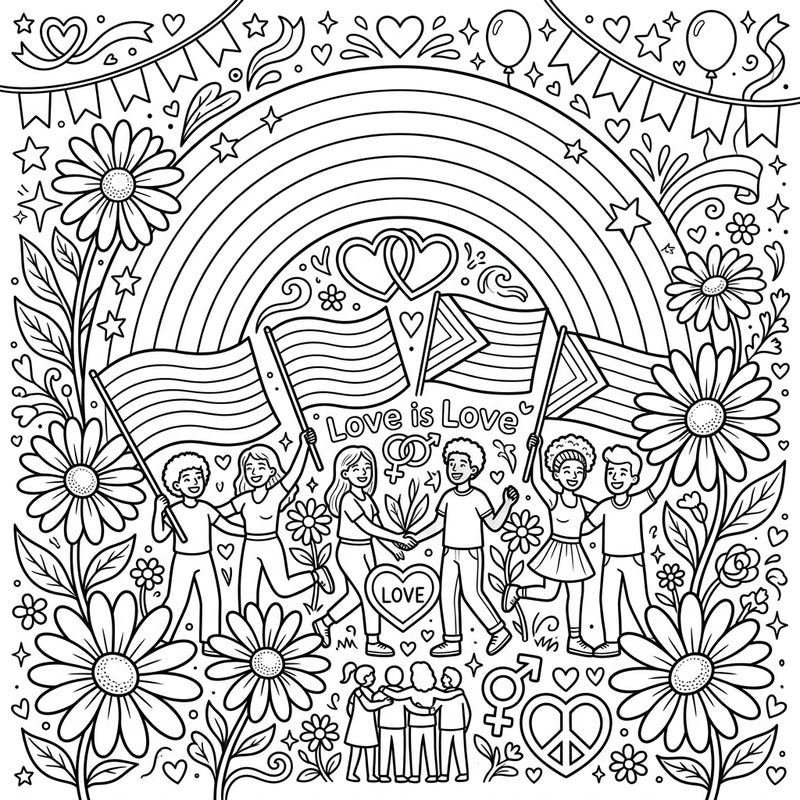 Dive into a world of love and celebration with this heartwarming Pride Month coloring page, beautifully adorned with charming white daisies. Express your creativity by bringing to life diverse characters, rainbow flags, and symbols of unity.