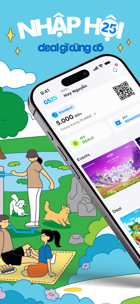Interfaz de la app GS25 VN en un smartphone mostrando puntos de fidelidad y recompensas