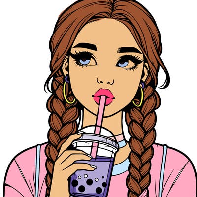 realistic girl with braided hair drinking boba
