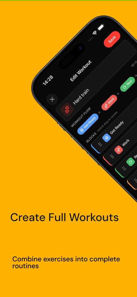 Bildschirm zur Erstellung von Workouts in der Qrep-App zum Erstellen benutzerdefinierter Übungsroutinen.