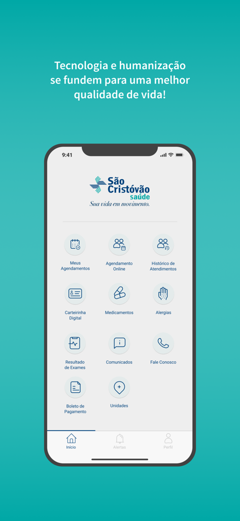 São Cristóvão Saúde - Home screen of the Sao Cristovao Saude mobile app featuring icons for appointments exam results and digital health card