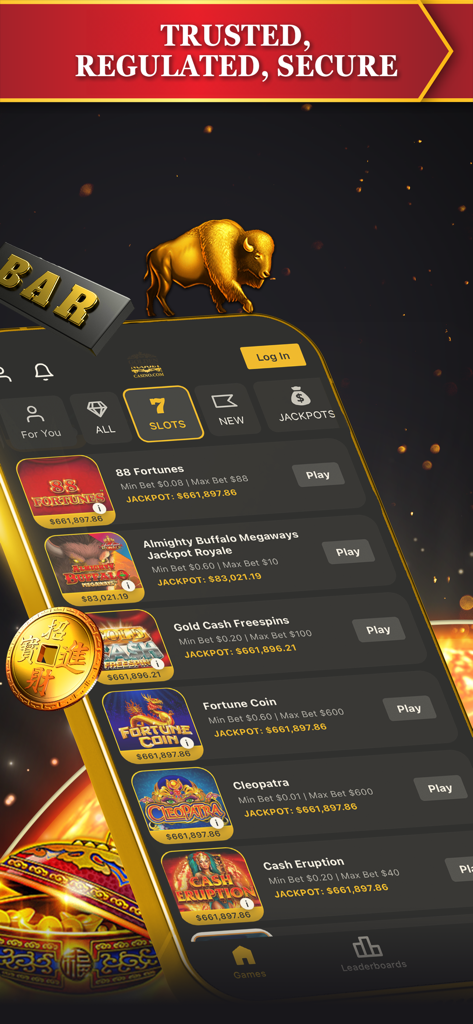 Interfaz de la aplicación móvil Golden Nugget Online Casino mostrando una lista de juegos de tragamonedas, incluyendo 88 Fortunes y Cleopatra, con un banner de regulado y seguro de confianza