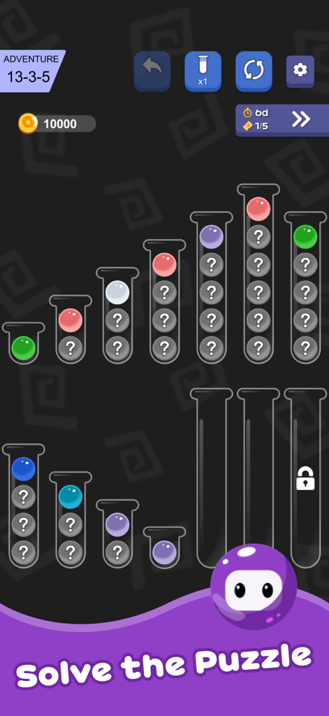 Ball Sorting Master - Puzzle - A mobile game level showing colored balls being sorted into glass tubes with a Solve the Puzzle caption