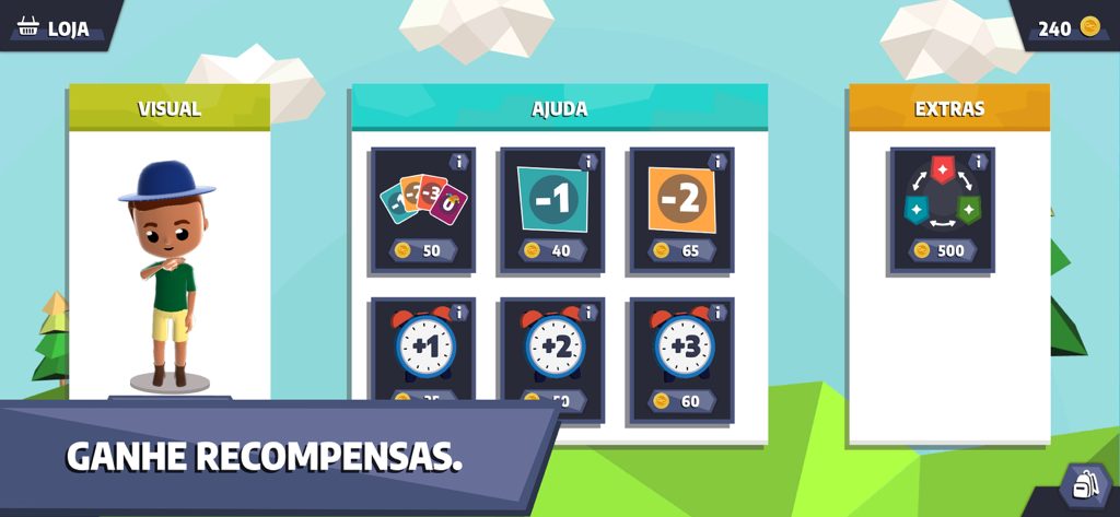Loja de recompensas no jogo no Meu Bernoulli XP com personalização de avatar e itens de power-up.