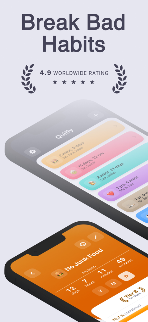 Days Since Counter: Quitly - Interfaz de la app Quitly mostrando varios contadores de hábitos y el texto Rompe Malos Hábitos con una calificación de 4.9